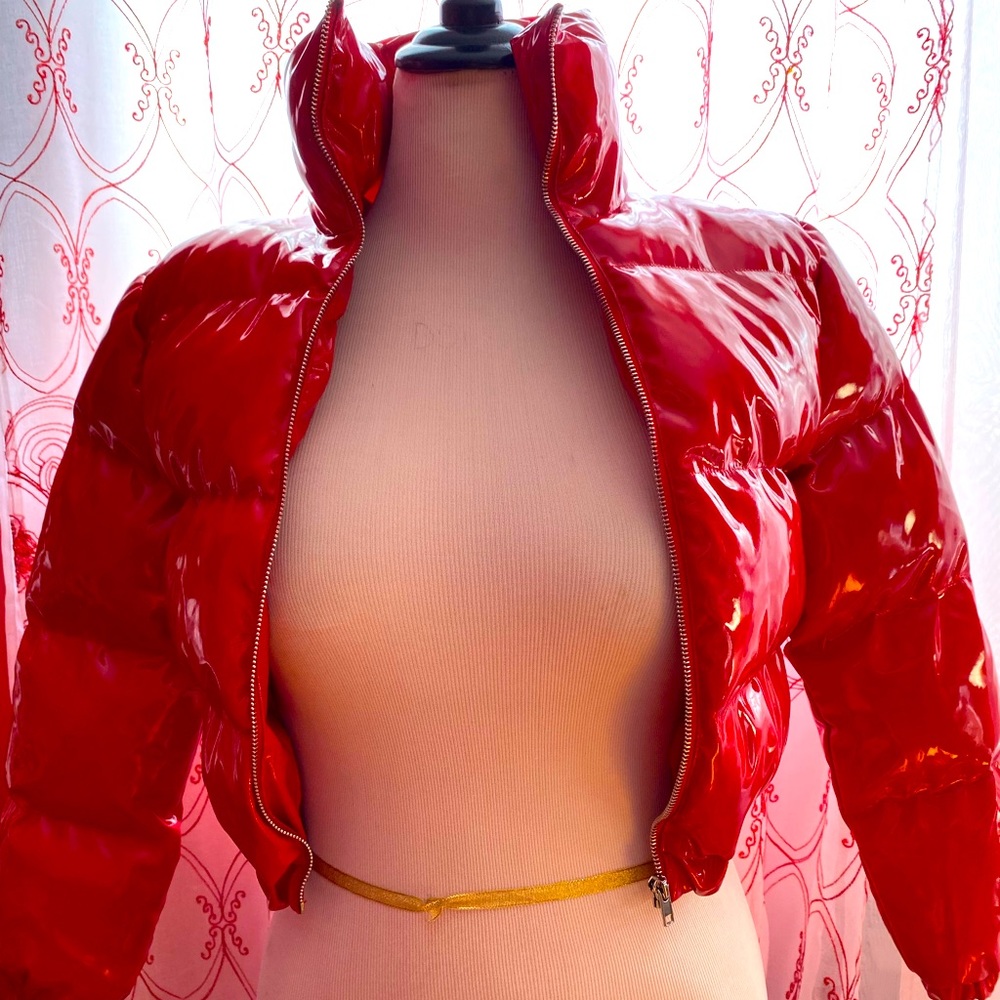 This is a red bubble jacket in a size XS (0)